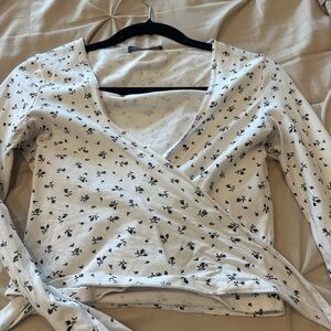 Brandy Melville White Wrap Top with Black Floral Print